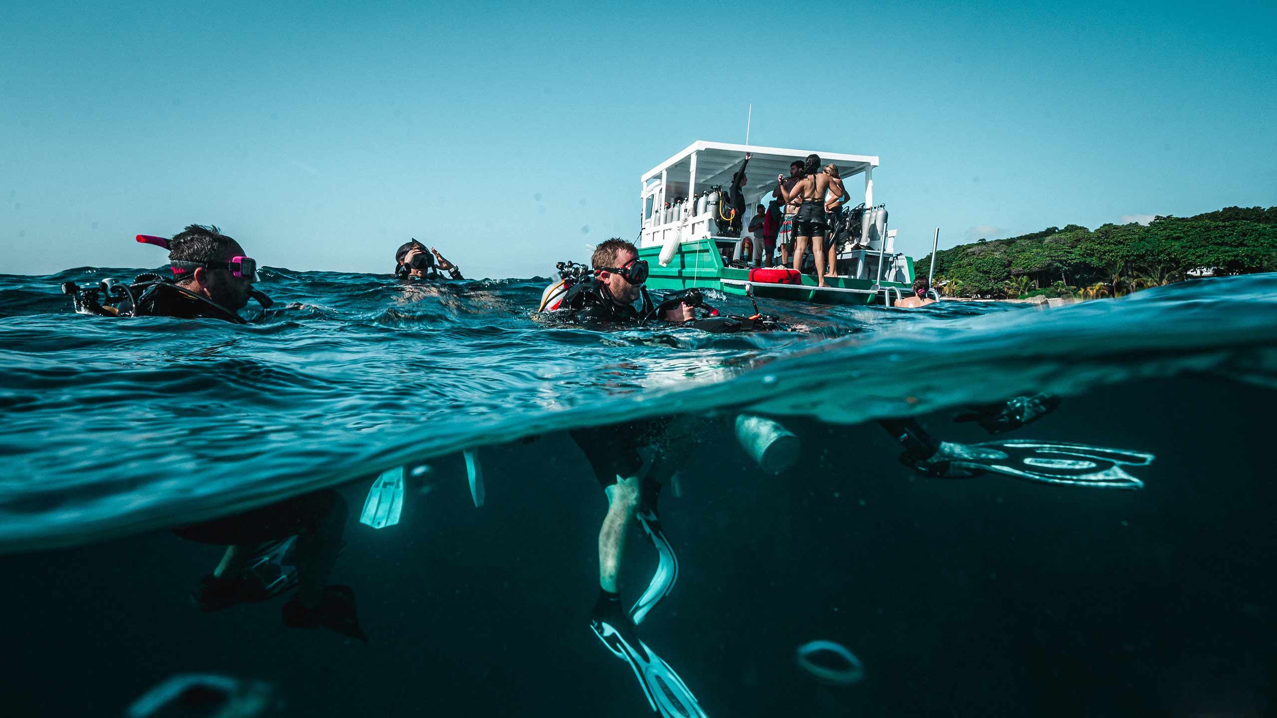 Group of scuba divers in the water at Utila Bay Honduras.